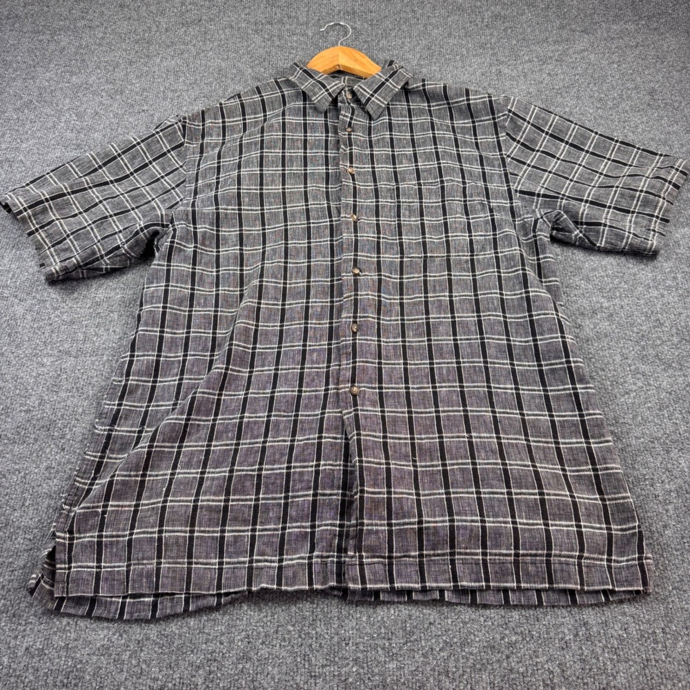 Fieldmaster Plaid Shirt Mens LT Black Gray Linen Cotton Short Sleeve Good